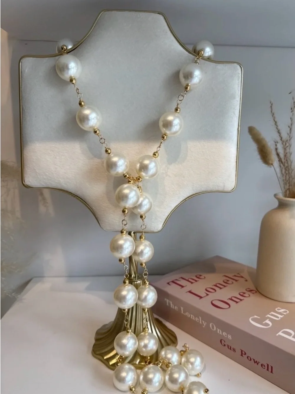 Pearl-Style Y Necklace with Gold Accents - White